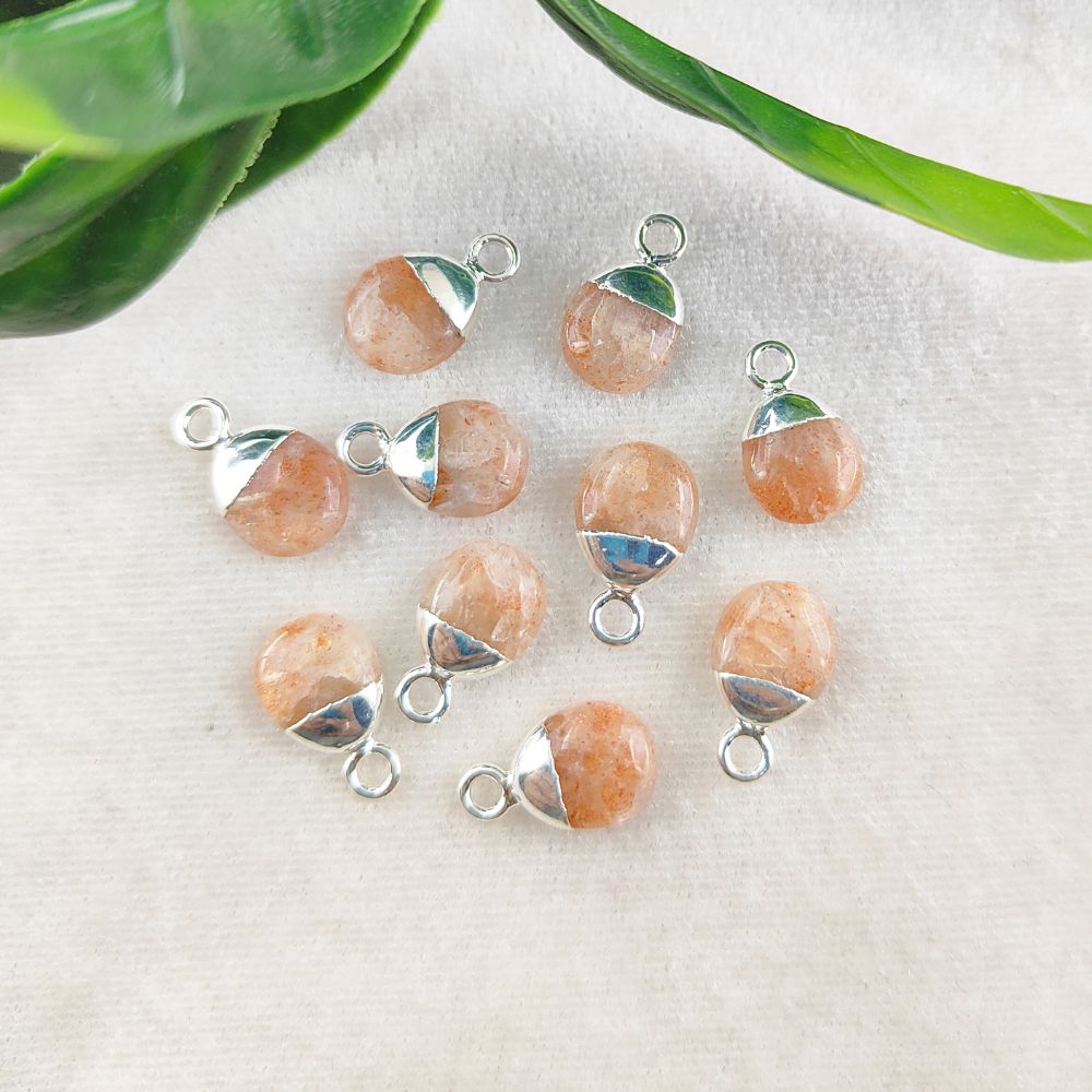 Genuine Sunstone Tumble Pendant 8–10mm Smooth Polished Healing Crystal Birthstone Charm with Gold or Silver Electroplated Cap- Selling Per Piece