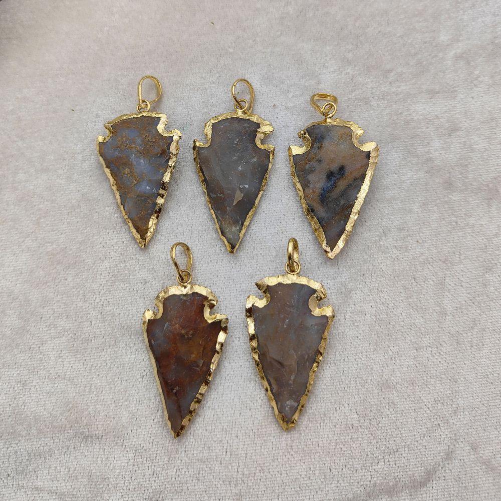 Gold Electroplated Agate Arrowhead Pendant Raw Natural Gemstone for DIY Necklaces & Tribal Jewelry Designs- Selling Per Piece