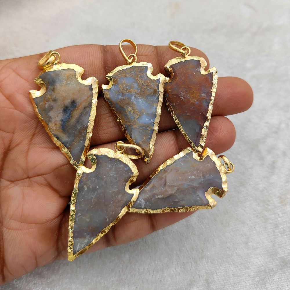 Gold Electroplated Agate Arrowhead Pendant Raw Natural Gemstone for DIY Necklaces & Tribal Jewelry Designs- Selling Per Piece