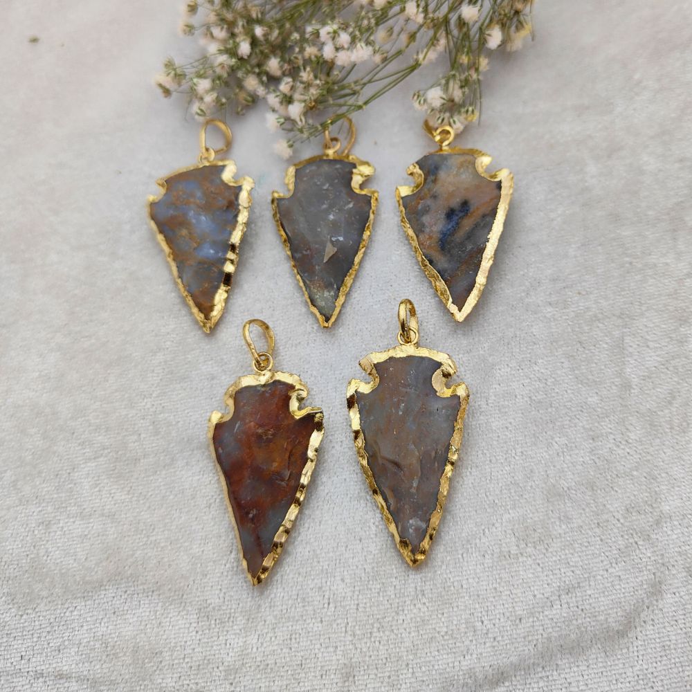 Gold Electroplated Agate Arrowhead Pendant Raw Natural Gemstone for DIY Necklaces & Tribal Jewelry Designs- Selling Per Piece