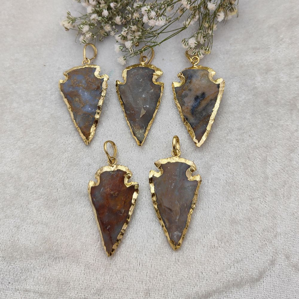 Gold Electroplated Agate Arrowhead Pendant Raw Natural Gemstone for DIY Necklaces & Tribal Jewelry Designs- Selling Per Piece