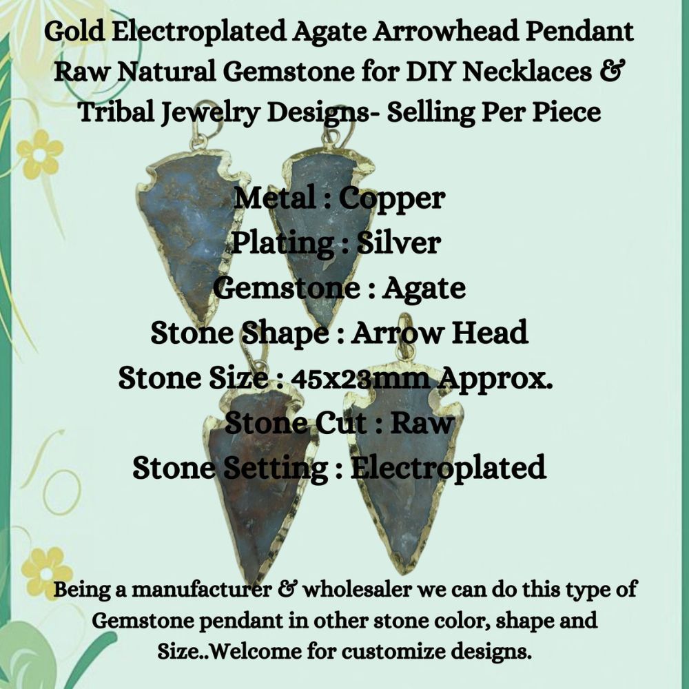 Gold Electroplated Agate Arrowhead Pendant Raw Natural Gemstone for DIY Necklaces & Tribal Jewelry Designs- Selling Per Piece