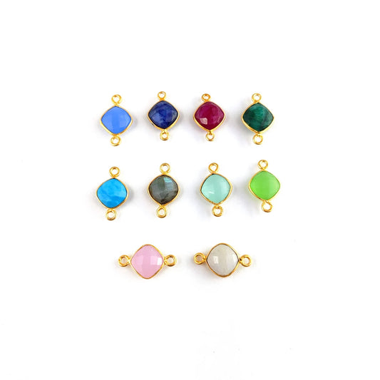 Gold Plated 8mm Cushion Cut Multi-Color Gemstone Connector Link Dual Loop Faceted Stone Charm for Handmade Jewelry- Selling Per Piece