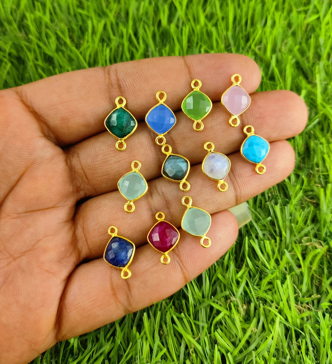 Gold Plated 8mm Cushion Cut Multi-Color Gemstone Connector Link Dual Loop Faceted Stone Charm for Handmade Jewelry- Selling Per Piece