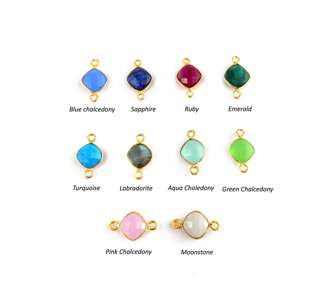 Gold Plated 8mm Cushion Cut Multi-Color Gemstone Connector Link Dual Loop Faceted Stone Charm for Handmade Jewelry- Selling Per Piece
