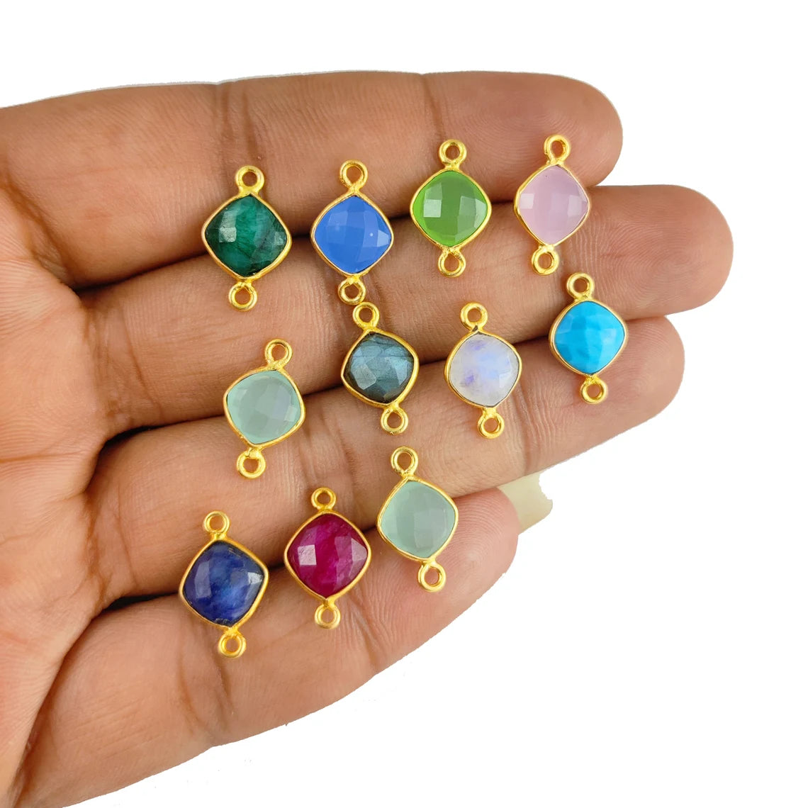 Gold Plated 8mm Cushion Cut Multi-Color Gemstone Connector Link Dual Loop Faceted Stone Charm for Handmade Jewelry- Selling Per Piece