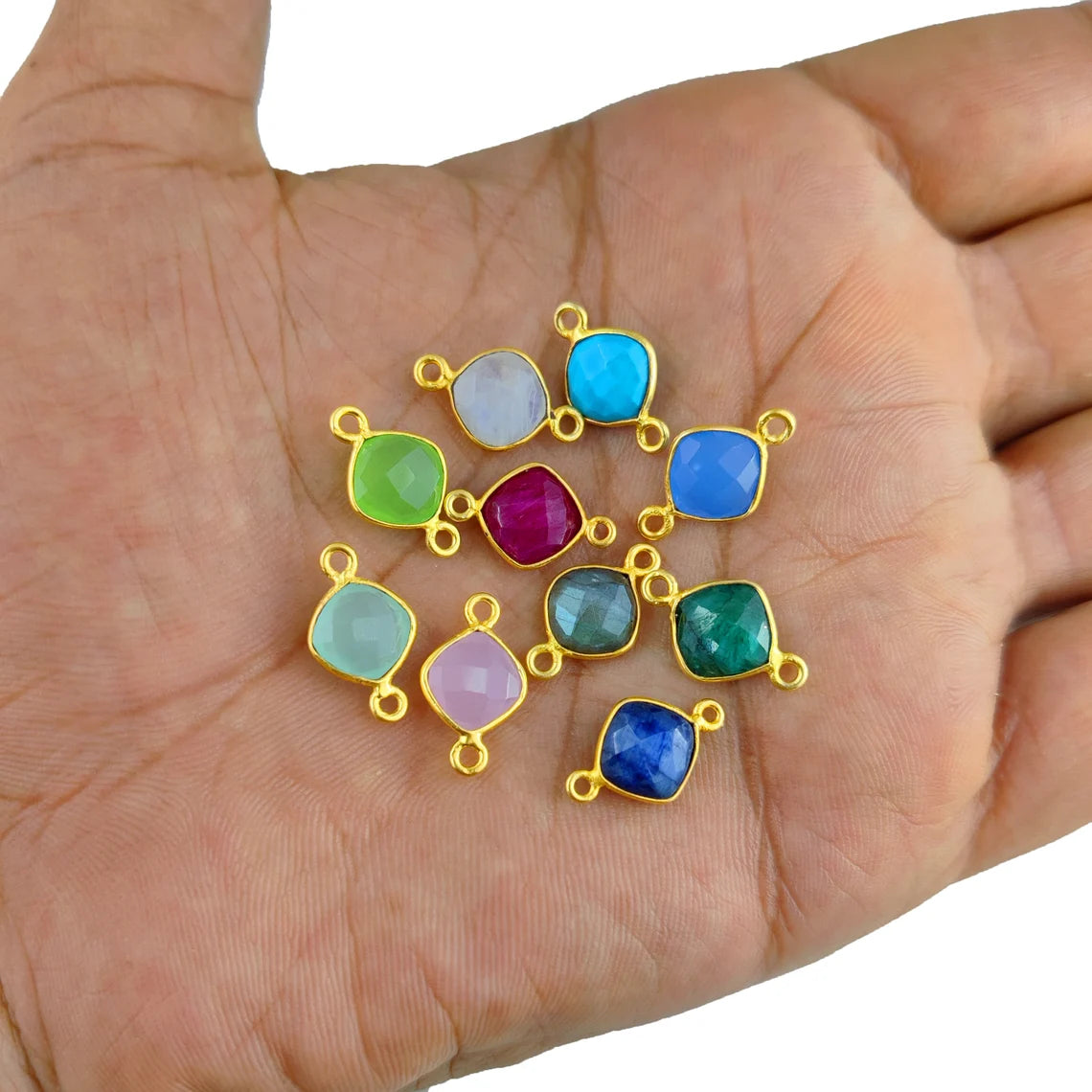 Gold Plated 8mm Cushion Cut Multi-Color Gemstone Connector Link Dual Loop Faceted Stone Charm for Handmade Jewelry- Selling Per Piece