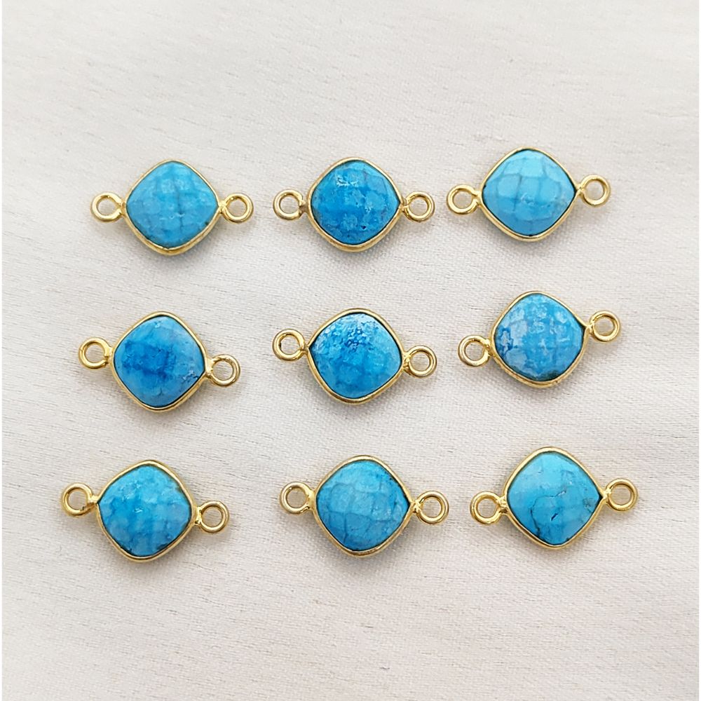Gold Plated 8mm Cushion Cut Turquoise Gemstone Connector Link Dual Loop Faceted Stone Charm for Handmade Jewelry- Selling Per Piece