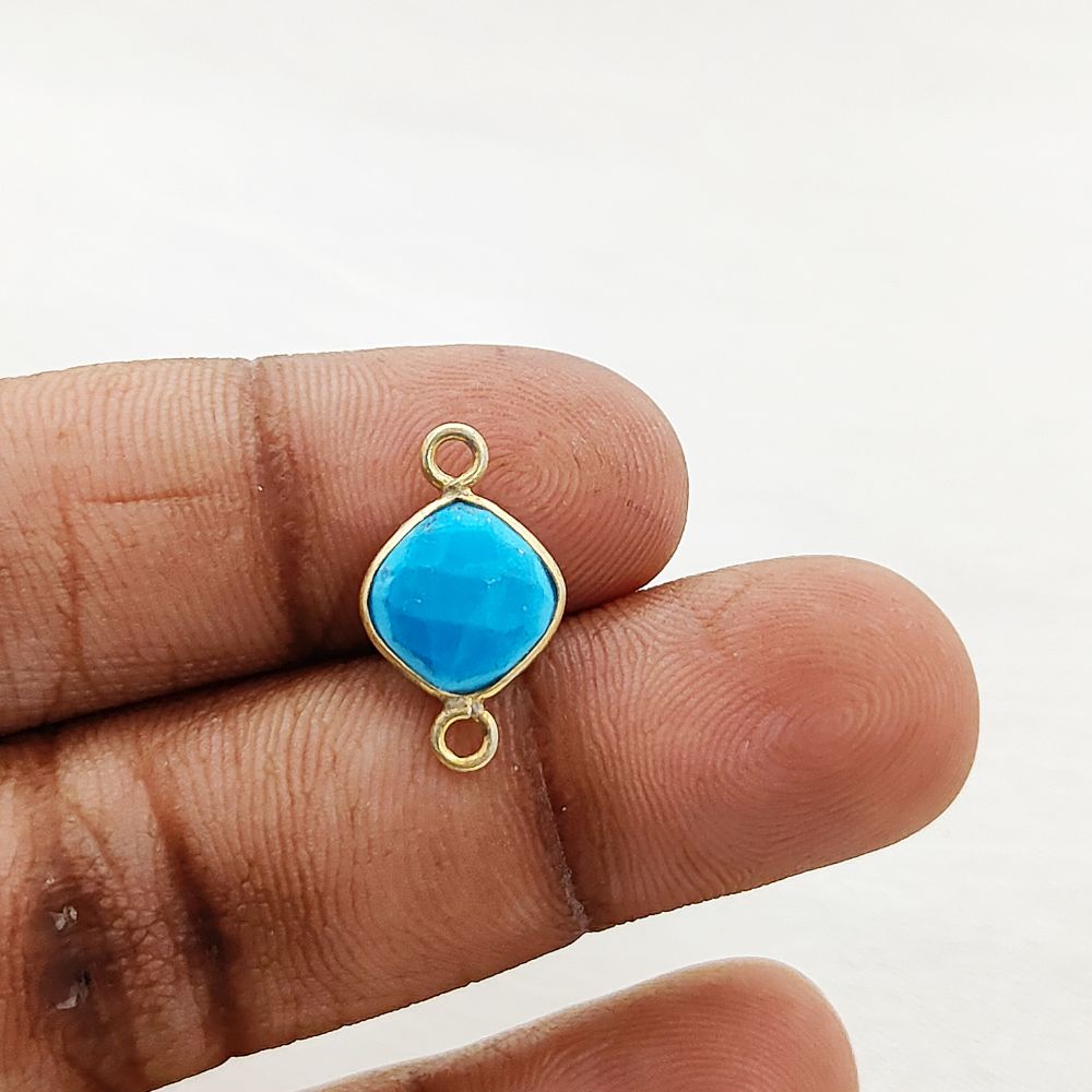 Gold Plated 8mm Cushion Cut Turquoise Gemstone Connector Link Dual Loop Faceted Stone Charm for Handmade Jewelry- Selling Per Piece