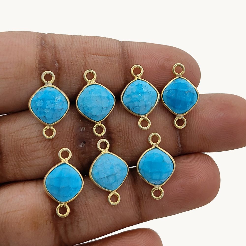 Gold Plated 8mm Cushion Cut Turquoise Gemstone Connector Link Dual Loop Faceted Stone Charm for Handmade Jewelry- Selling Per Piece