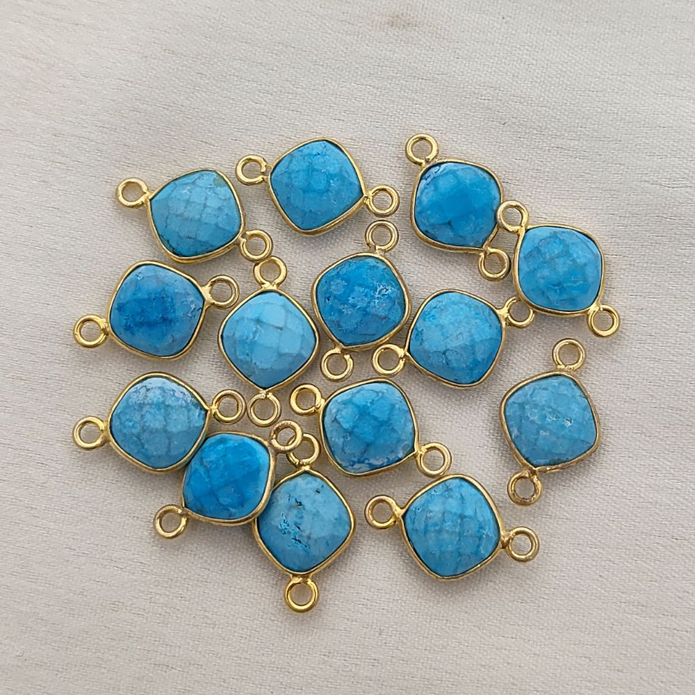 Gold Plated 8mm Cushion Cut Turquoise Gemstone Connector Link Dual Loop Faceted Stone Charm for Handmade Jewelry- Selling Per Piece