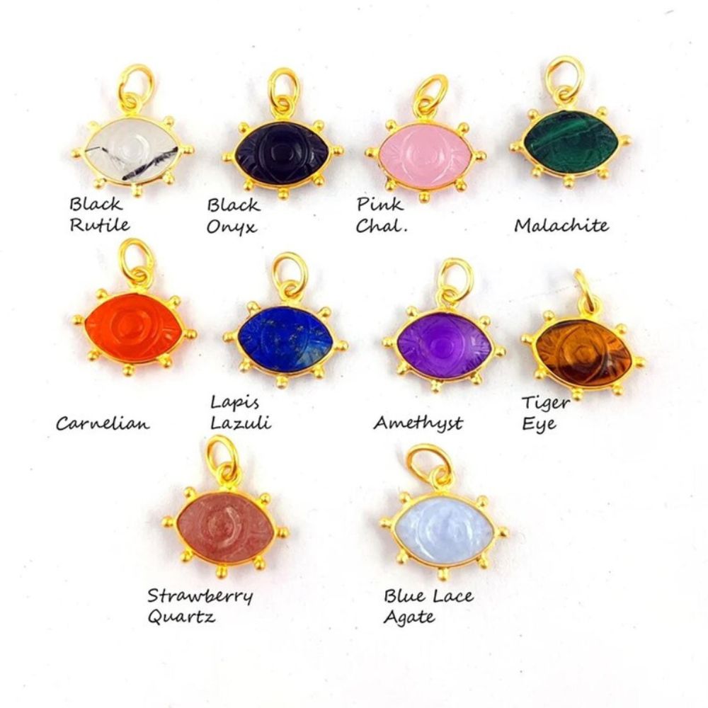 Handcrafted Blue Lace Agate Evil Eye Pendant in Gold Plated 925 Sterling Silver Healing Gemstone Charm – Selling Per Piece