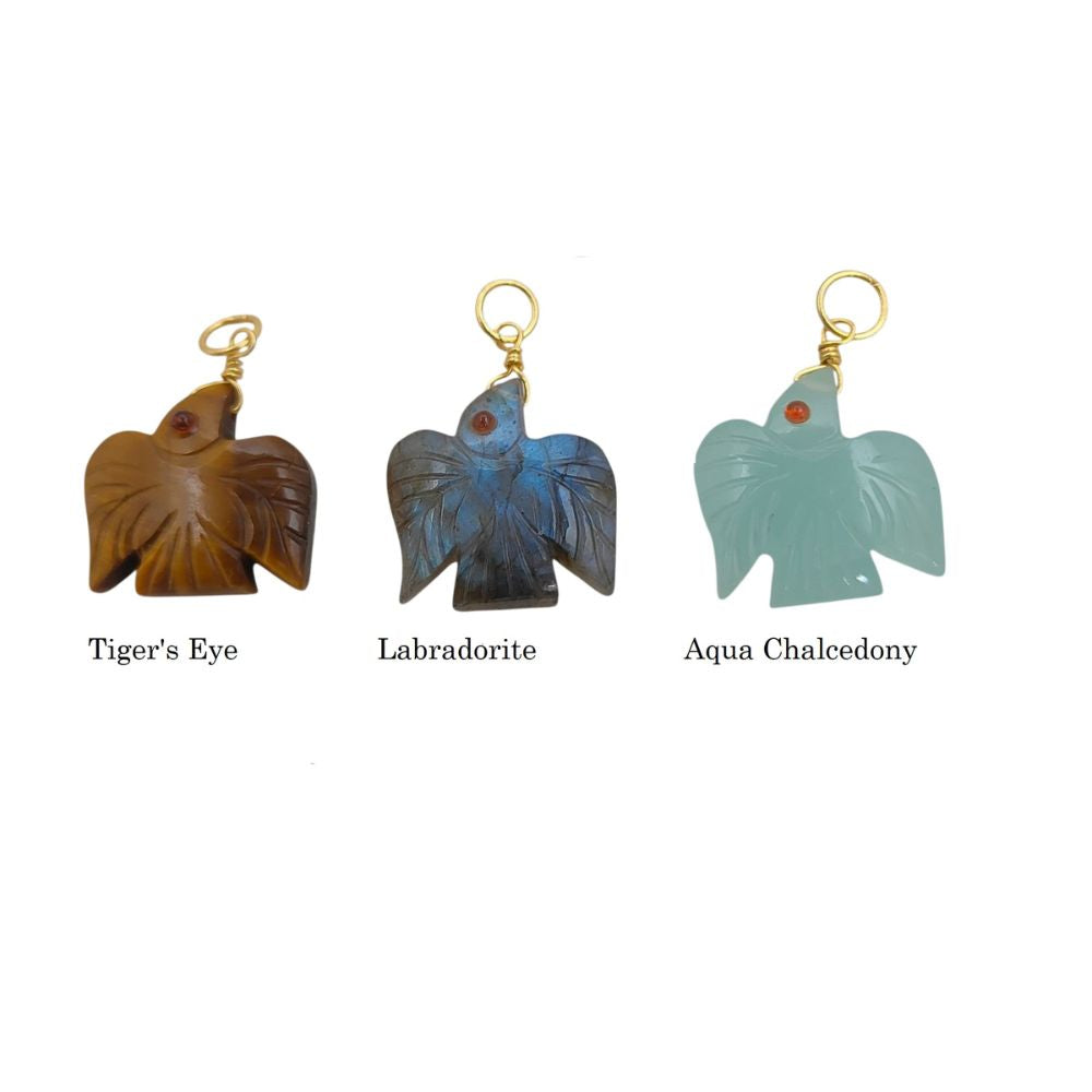 Hand Carved Blue Fire Labradorite Eagle Pendant Gold Plated Sterling Silver Bird Necklace Charm
