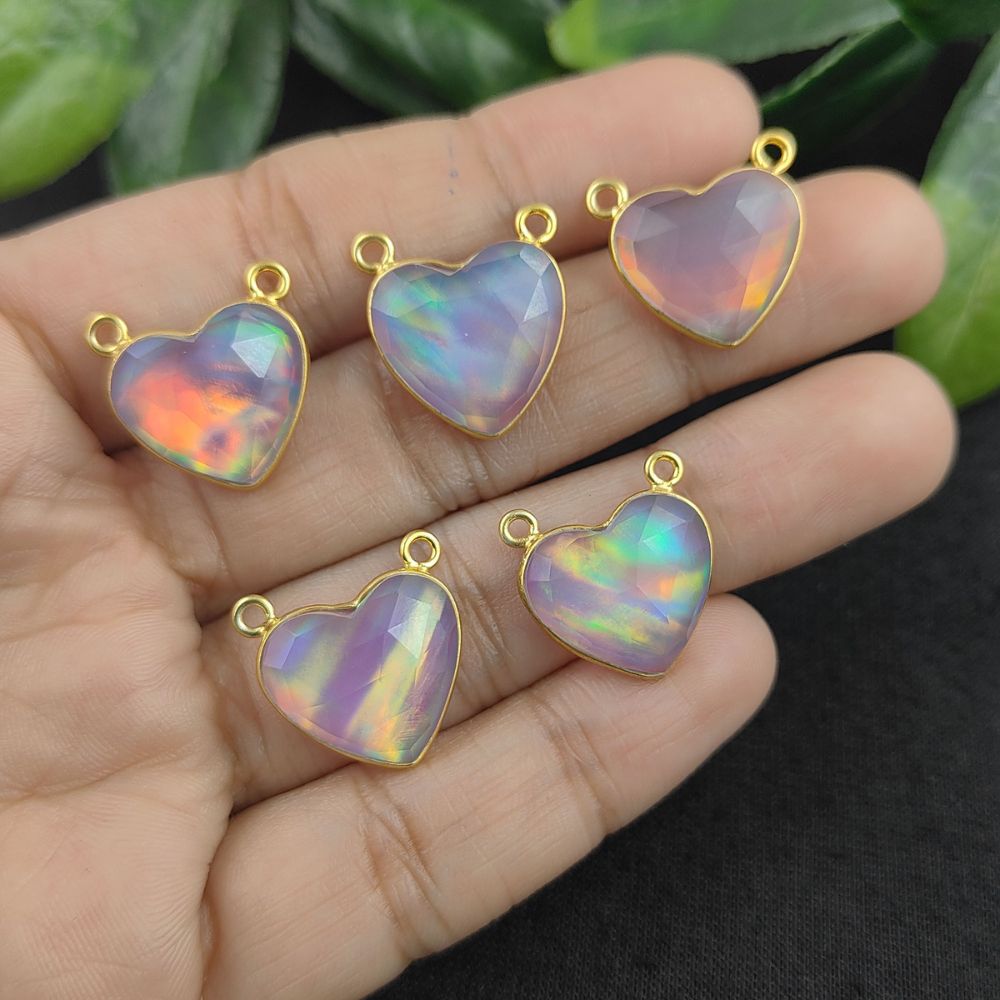 Gold Plated 925 Sterling Silver Opal Heart Gemstone Pendant Necklaces Handmade Double Loop Birthstone Jewelry- Selling Per Piece