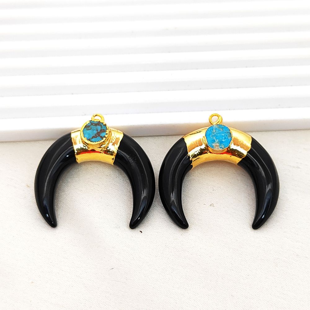 Gold Plated Black Onyx Crescent Horn Pendant & Turquoise Charm Boho Double Stone Jewelry- Selling Per Piece