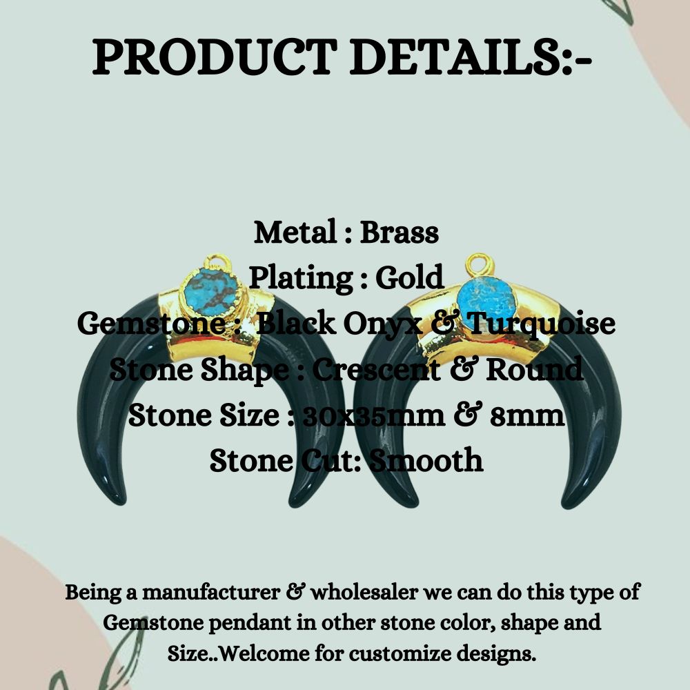 Gold Plated Black Onyx Crescent Horn Pendant & Turquoise Charm Boho Double Stone Jewelry- Selling Per Piece