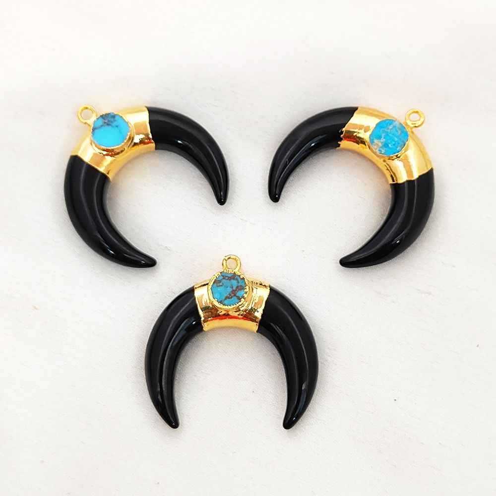 Gold Plated Black Onyx Crescent Horn Pendant & Turquoise Charm Boho Double Stone Jewelry- Selling Per Piece