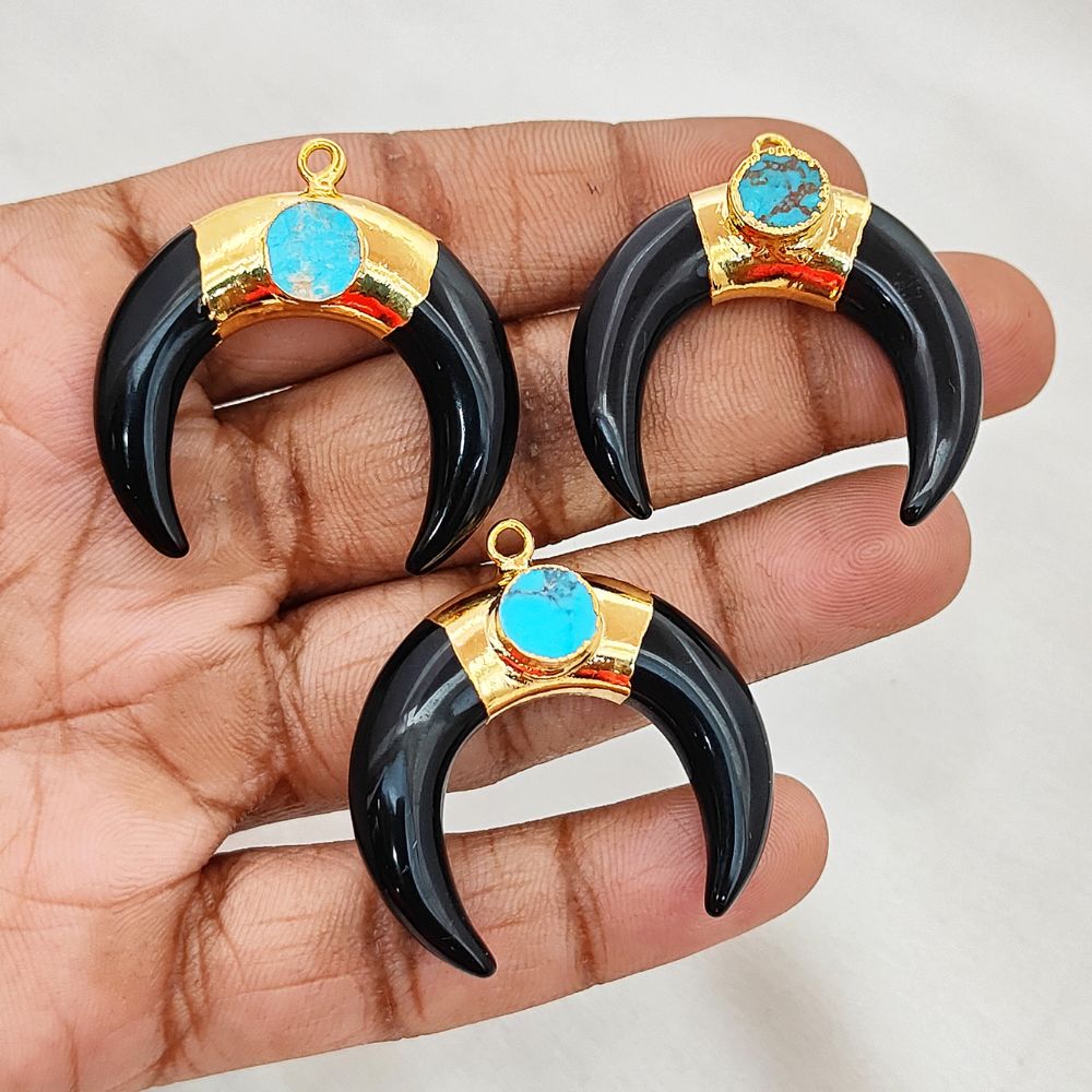 Gold Plated Black Onyx Crescent Horn Pendant & Turquoise Charm Boho Double Stone Jewelry- Selling Per Piece