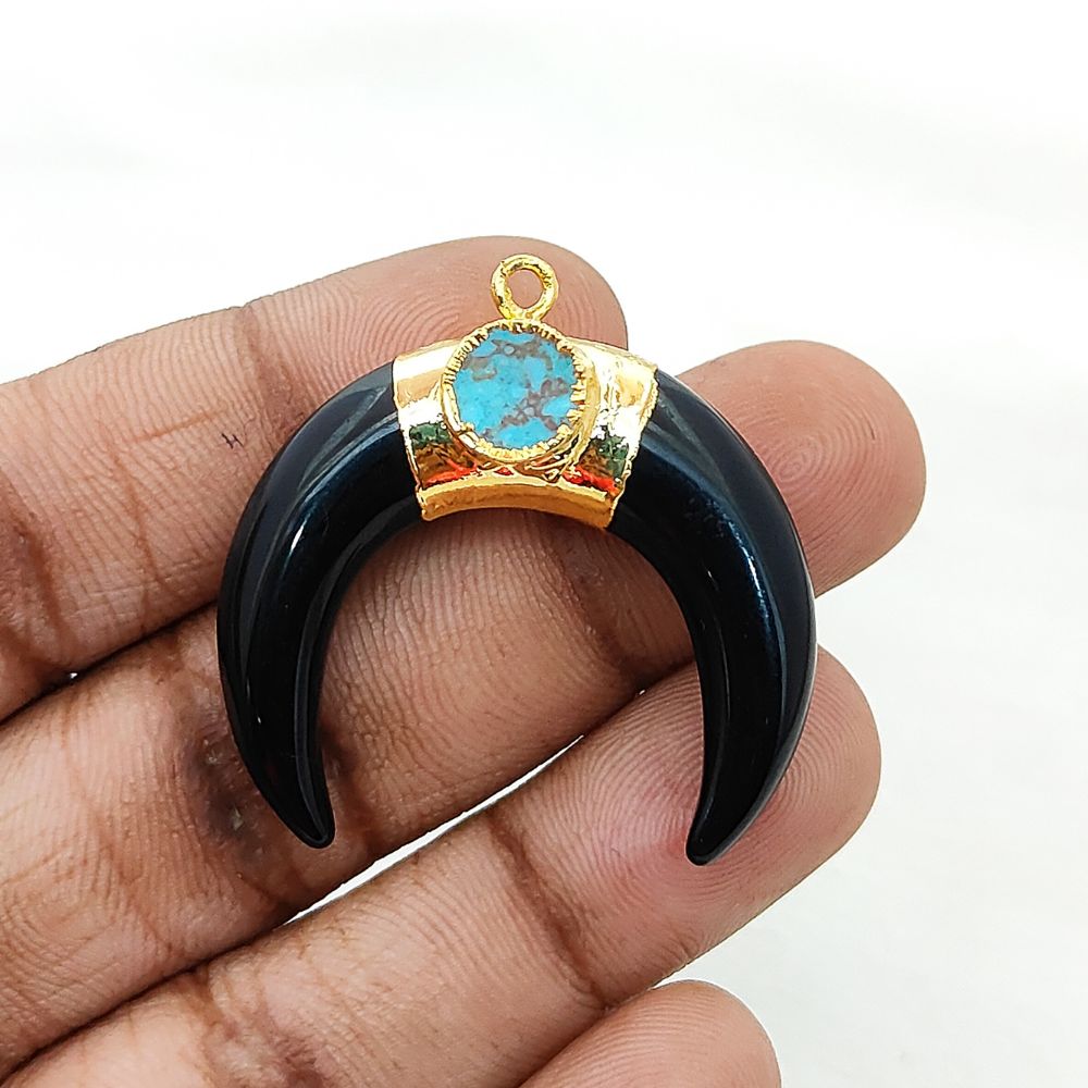 Gold Plated Black Onyx Crescent Horn Pendant & Turquoise Charm Boho Double Stone Jewelry- Selling Per Piece