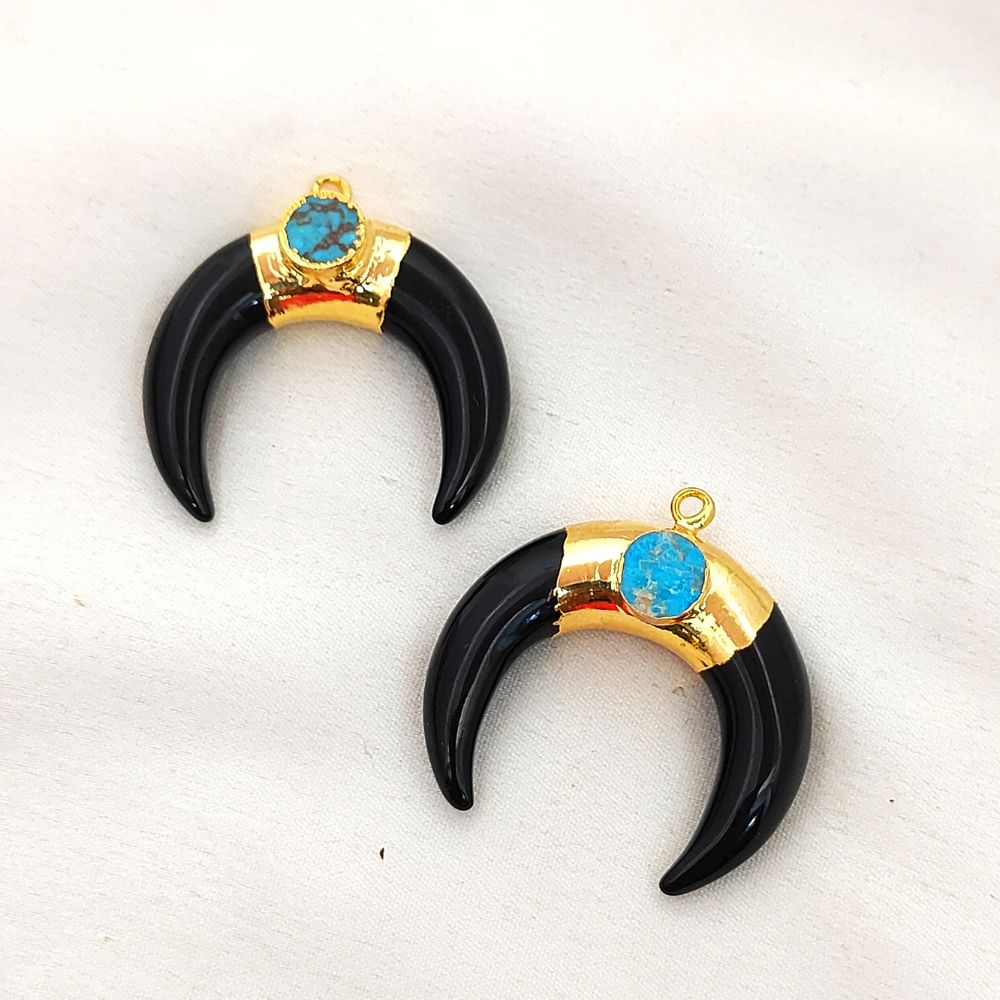 Gold Plated Black Onyx Crescent Horn Pendant & Turquoise Charm Boho Double Stone Jewelry- Selling Per Piece