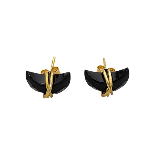Gold Plated Black Onyx Half Moon Stud Earrings Minimalist Handmade Gemstone Jewelry Gift- Selling Per Piece