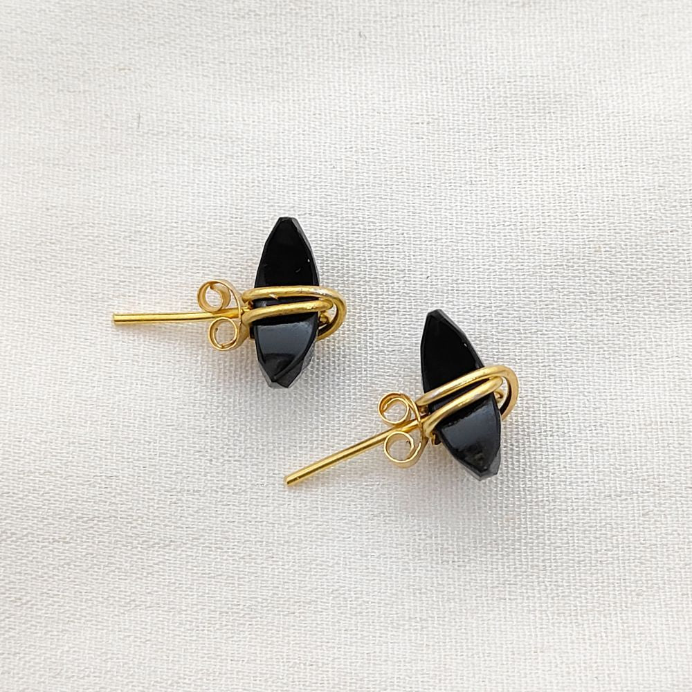 Gold Plated Black Onyx Half Moon Stud Earrings Minimalist Handmade Gemstone Jewelry Gift- Selling Per Piece