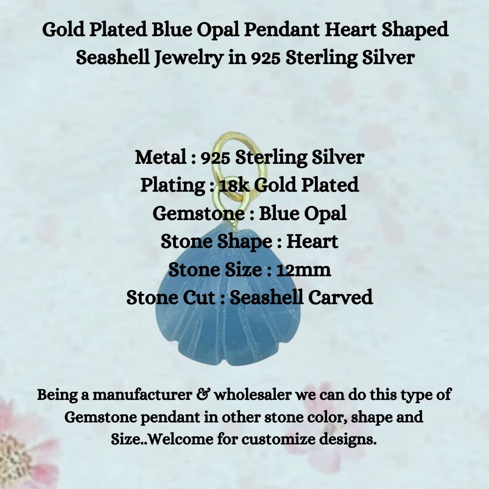 Elegant Blue Opal Gemstone Seashell Pendant Gold Plated Sterling Silver Jewelry