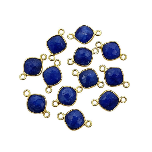 Gold Plated Cushion Cut Dyed Blue Sapphire Connector 8mm Dual Loop Faceted Gemstone Link for DIY Jewelry Projects- Selling Per Piece