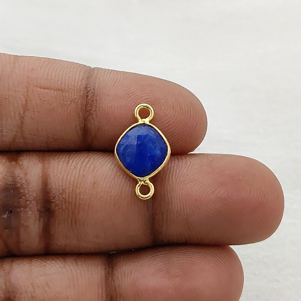 Gold Plated Cushion Cut Dyed Blue Sapphire Connector 8mm Dual Loop Faceted Gemstone Link for DIY Jewelry Projects- Selling Per Piece
