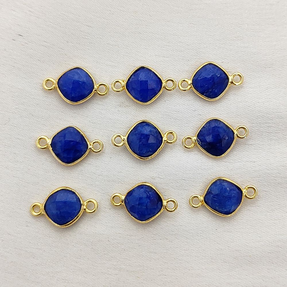 Gold Plated Cushion Cut Dyed Blue Sapphire Connector 8mm Dual Loop Faceted Gemstone Link for DIY Jewelry Projects- Selling Per Piece
