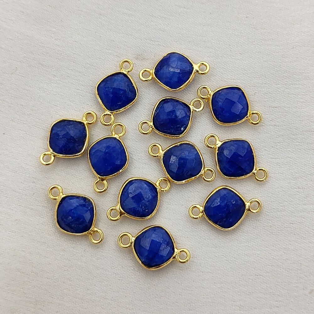 Gold Plated Cushion Cut Dyed Blue Sapphire Connector 8mm Dual Loop Faceted Gemstone Link for DIY Jewelry Projects- Selling Per Piece