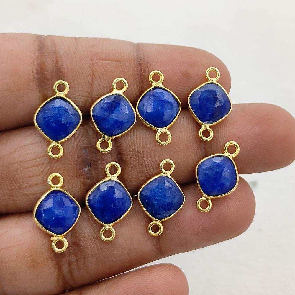Gold Plated Cushion Cut Dyed Blue Sapphire Connector 8mm Dual Loop Faceted Gemstone Link for DIY Jewelry Projects- Selling Per Piece