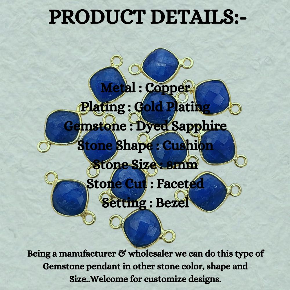 Gold Plated Cushion Cut Dyed Blue Sapphire Connector 8mm Dual Loop Faceted Gemstone Link for DIY Jewelry Projects- Selling Per Piece