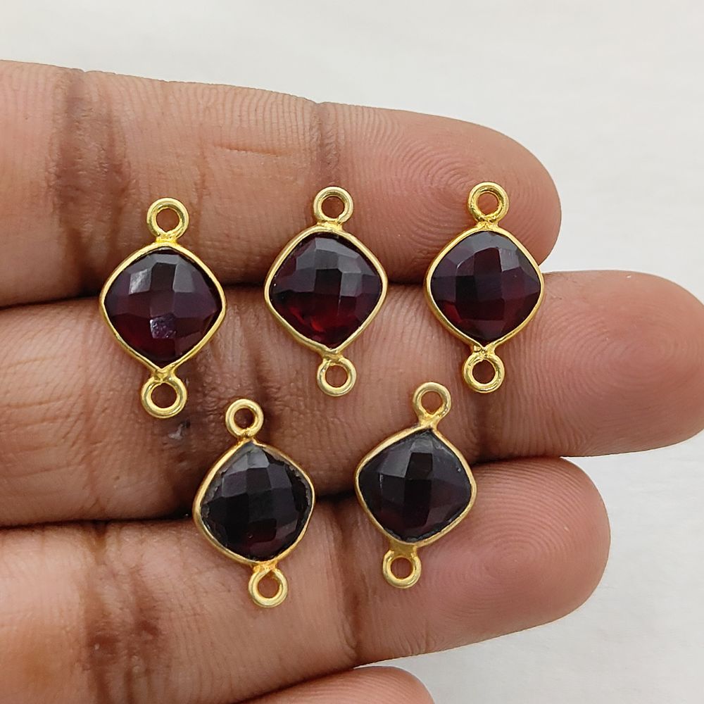 Gold Plated Cushion Cut Garnet Connector 8mm Dual Loop Faceted Gemstone Link for DIY Jewelry Projects- Selling Per Piece