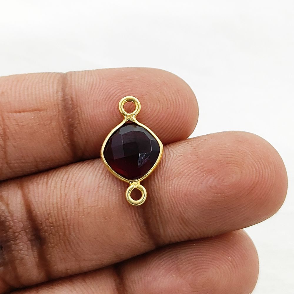 Gold Plated Cushion Cut Garnet Connector 8mm Dual Loop Faceted Gemstone Link for DIY Jewelry Projects- Selling Per Piece