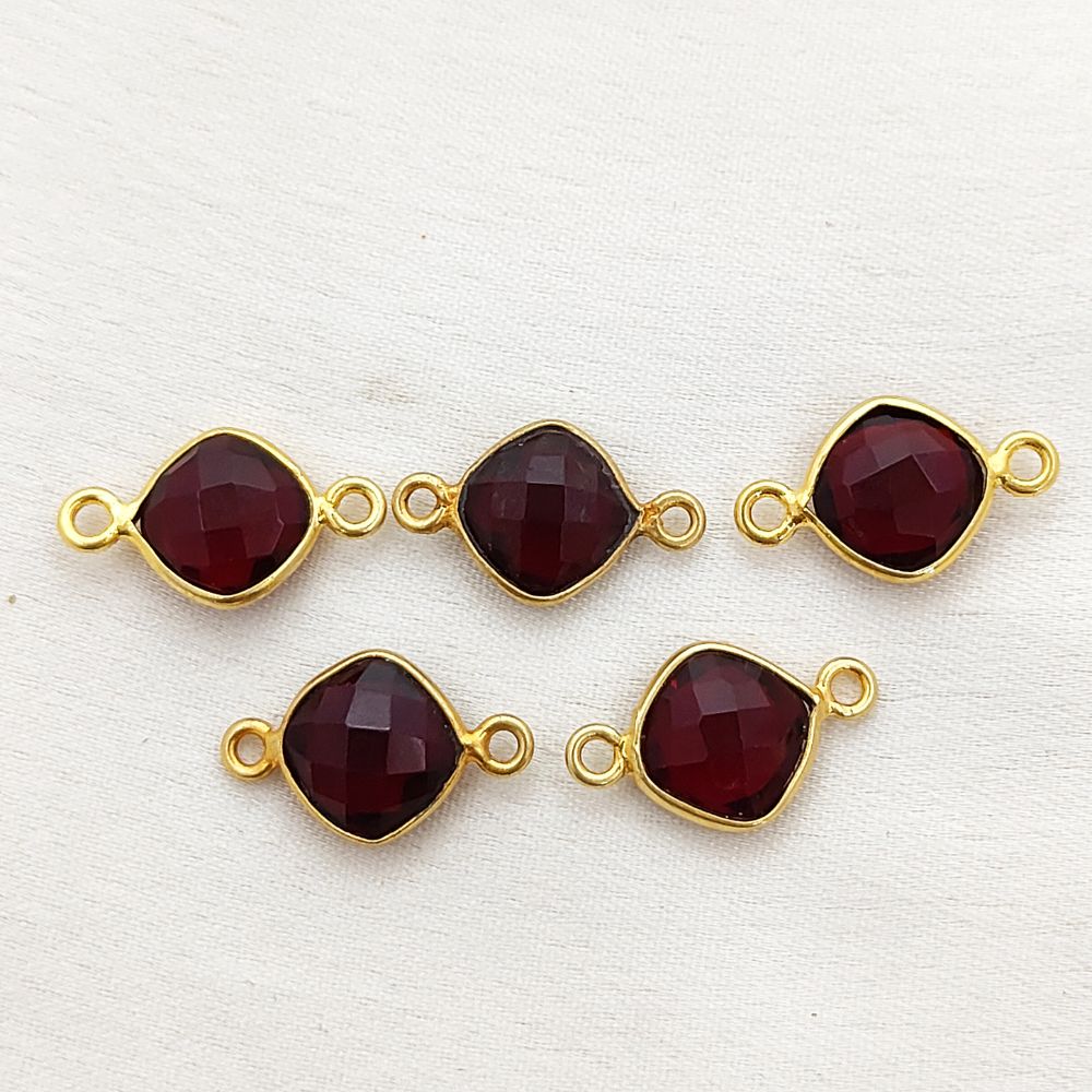 Gold Plated Cushion Cut Garnet Connector 8mm Dual Loop Faceted Gemstone Link for DIY Jewelry Projects- Selling Per Piece