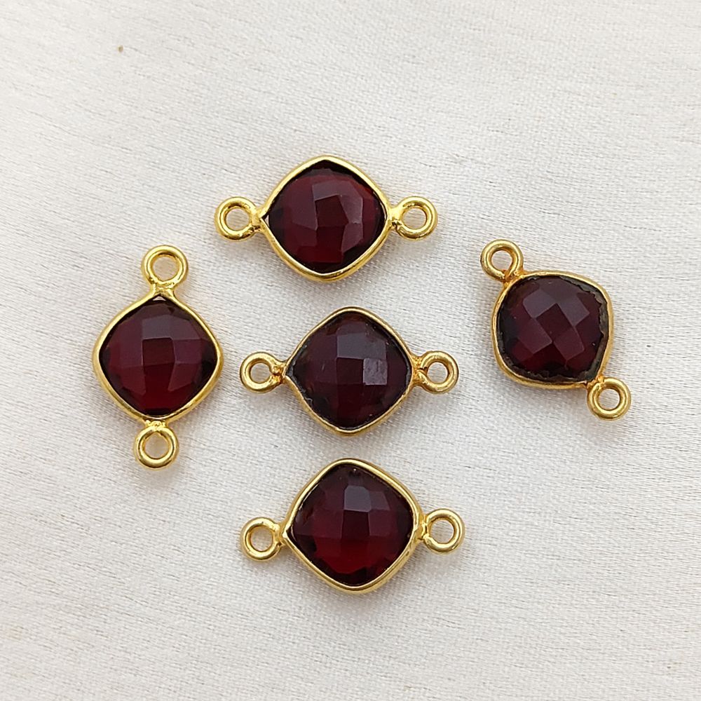 Gold Plated Cushion Cut Garnet Connector 8mm Dual Loop Faceted Gemstone Link for DIY Jewelry Projects- Selling Per Piece