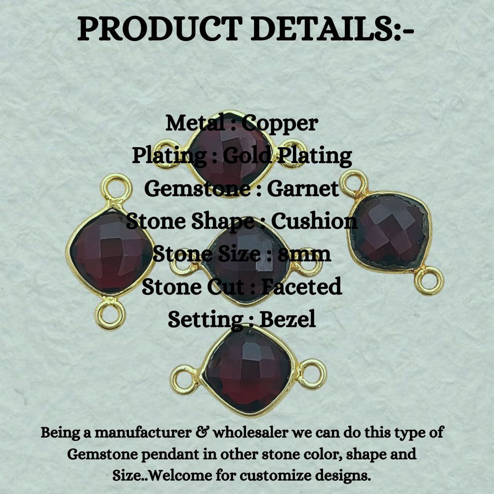 Gold Plated Cushion Cut Garnet Connector 8mm Dual Loop Faceted Gemstone Link for DIY Jewelry Projects- Selling Per Piece