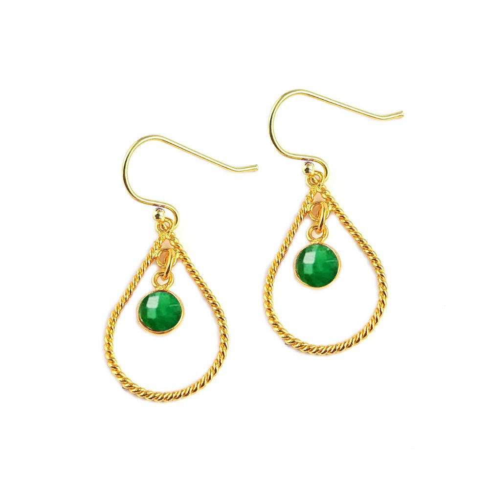 Emerald Earrings Gold Plated – Dainty Green Gemstone Dangles, May Birthstone Gift for Her – Sold as a Pair