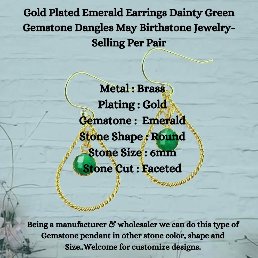 Gold Plated Emerald Drop Earrings – Dainty May Birthstone Jewelry, Green Gemstone Earrings for Women