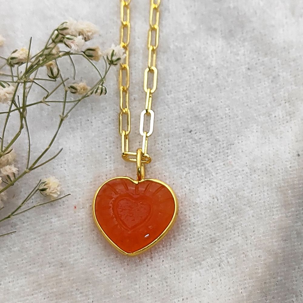 Gold Plated Paperclip Chain Necklace with Hand-Carved Carnelian Heart Gemstone Jewelry Gift- Selling Per Piece