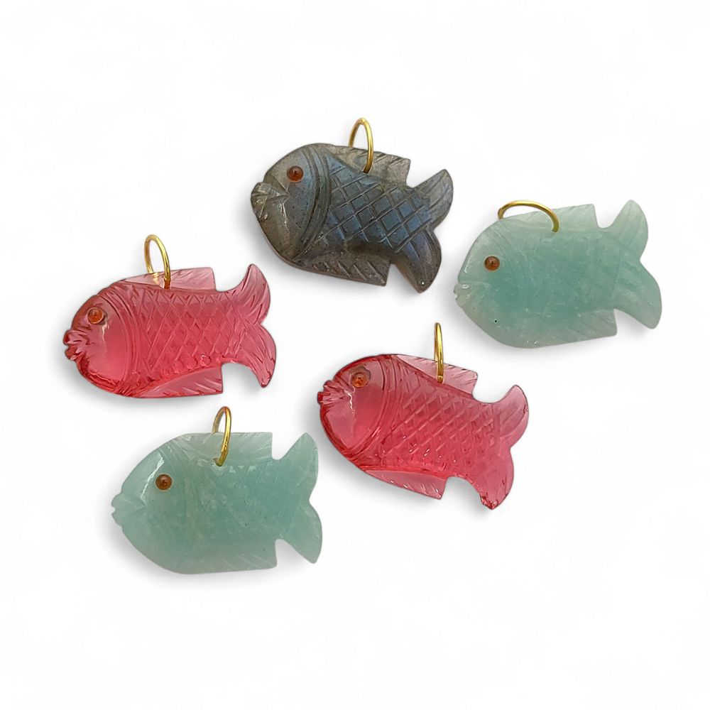 Gold Plated Pink Chalcedony Fish Gemstone Pendant Handmade Carved Crystal Charm for Craft Jewelry Projects- Selling Per Piece
