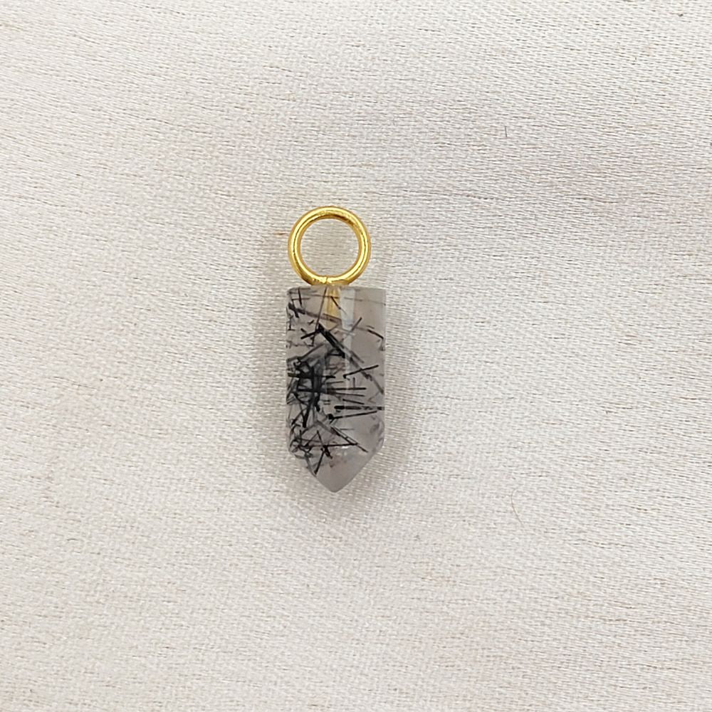 Gold Plated Sterling Silver Black Rutile Quartz Pendant 14x6mm Handcrafted Pencil Cut Gemstone Spike Charm- Selling Per Piece