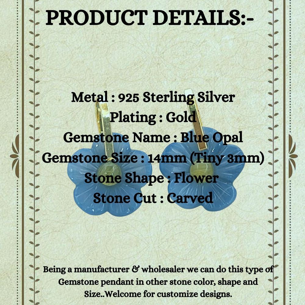 Gold Plated Sterling Silver Blue Opal Carved Flower Pendant Handmade Gemstone Jewelry Charm- Selling Per Piece