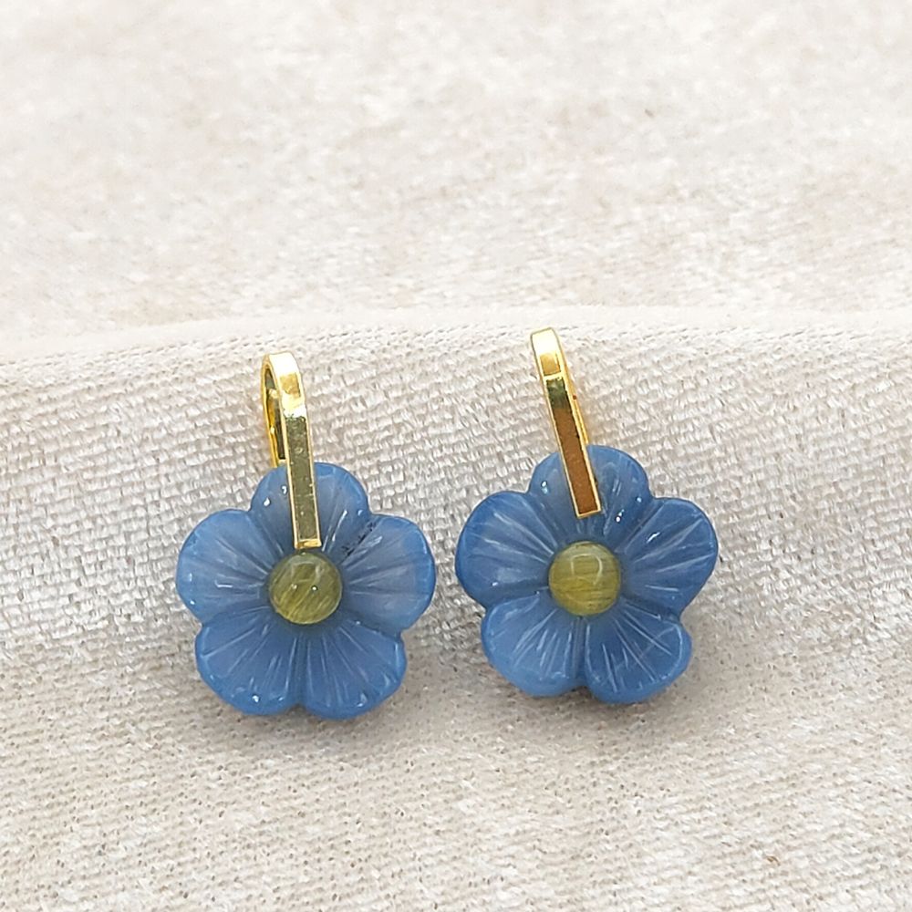 Gold Plated Sterling Silver Blue Opal Carved Flower Pendant Handmade Gemstone Jewelry Charm- Selling Per Piece