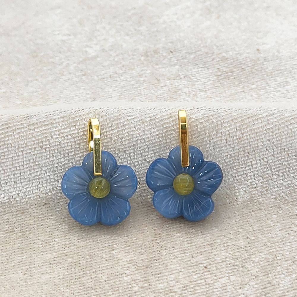 Gold Plated Sterling Silver Blue Opal Carved Flower Pendant Handmade Gemstone Jewelry Charm- Selling Per Piece