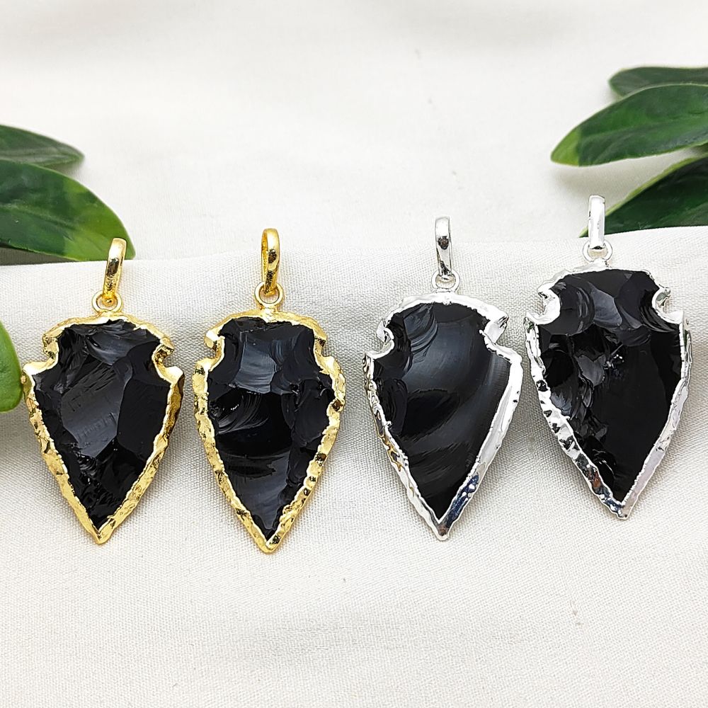 Gold/Silver Electroplated Black Onyx Arrowhead, Tribal Gemstone Pendant for DIY Bohemian Jewelry Creations – Selling Per Piece m agar