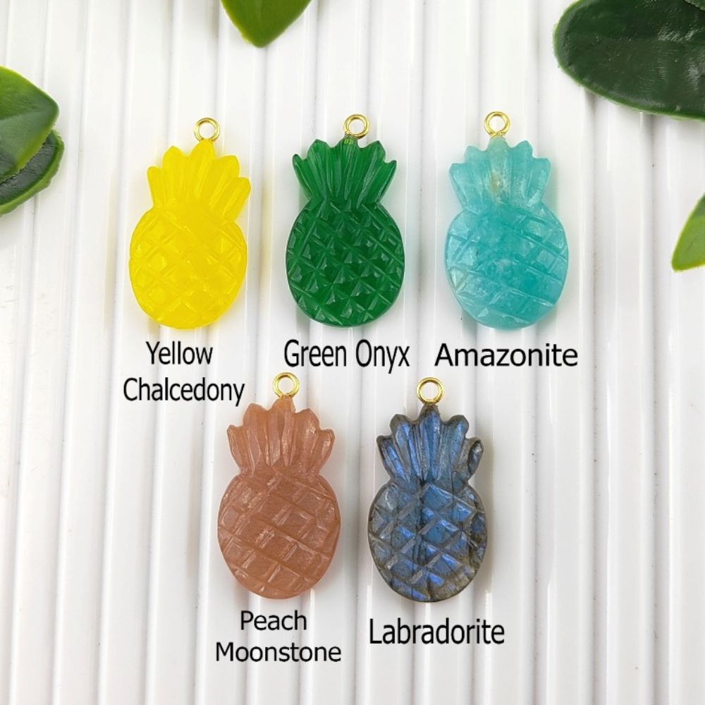 Gold Vermeil Pineapple Gemstone Pendant Hand-Carved Fruit Charm for DIY Necklace & Jewelry Design