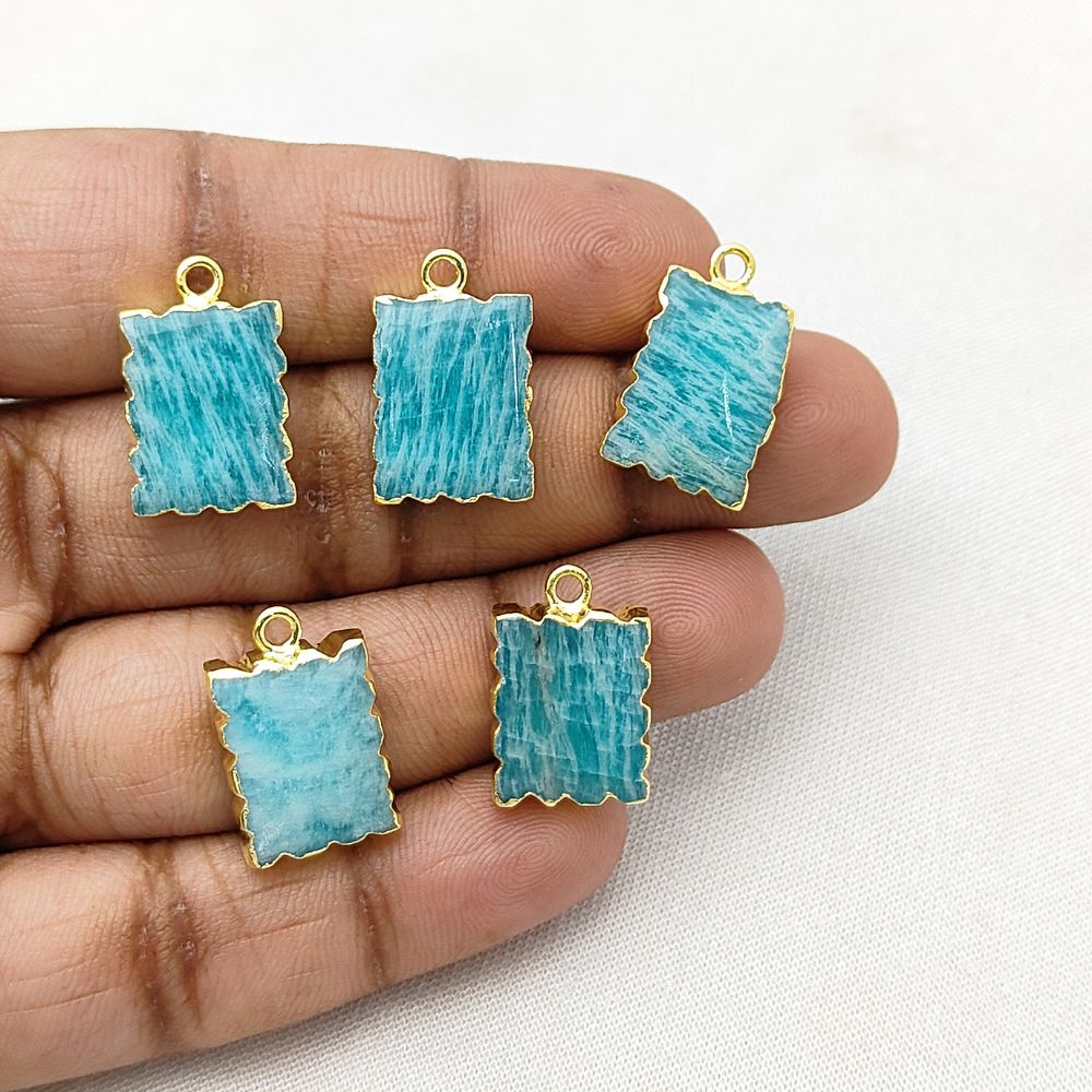 Gold Electroplated Amazonite Zig Zag Pendant 16x12mm Rectangle Gemstone Slice Handmade Necklace