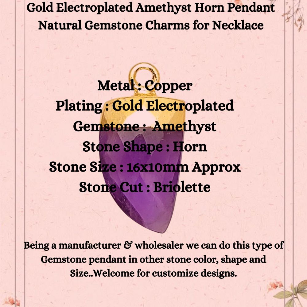 Boho Amethyst Horn Pendant – Gold Electroplated Natural Gemstone Necklace Charm